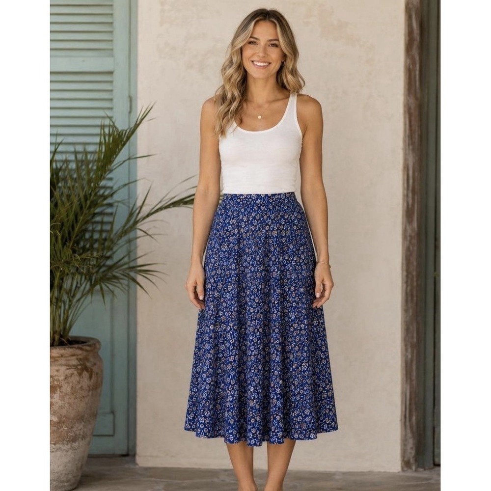 J McLaughlin Skirt Women 6 Blue Floral Pleated Midi Resort Coastal Preppy Boho
